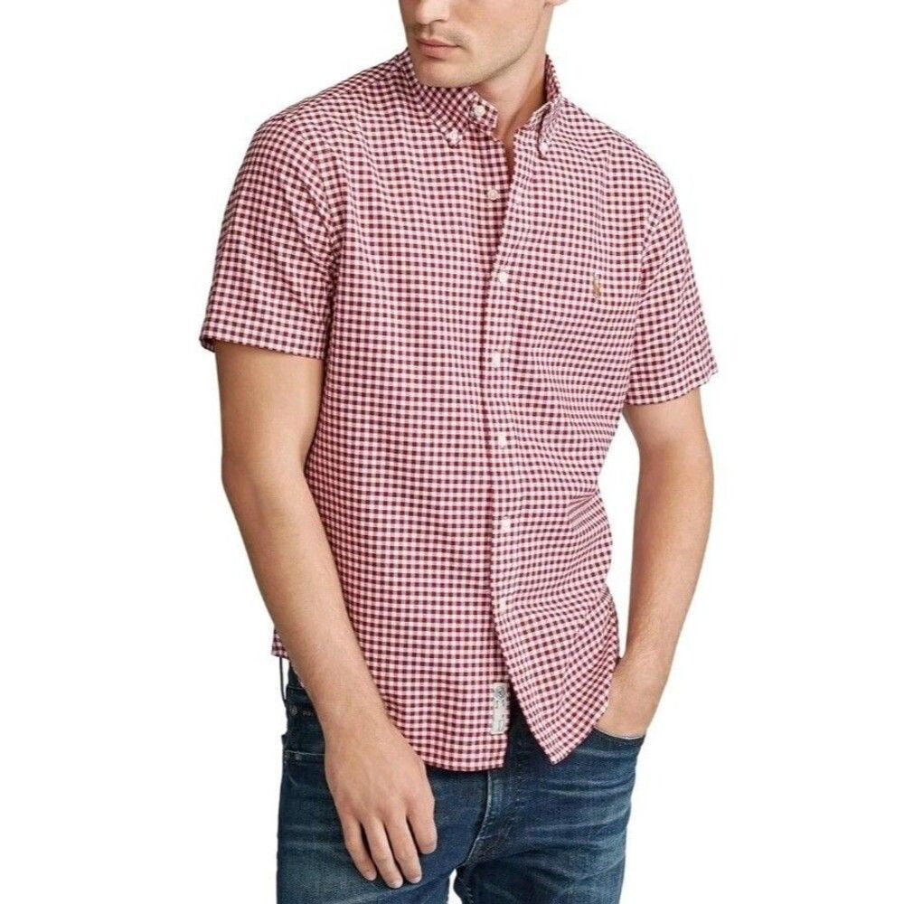 Ralph Lauren Short Sleeve Shirt Mens Size L Button down Red Gingham Check Preppy